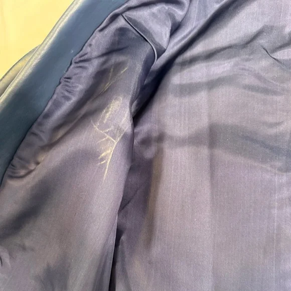 90s Slate Blue Genuine Leather Blazer | Vintage Deep Navy Power Jacket Size 8 - Picture 7 of 11